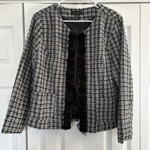 Anne Carson Women’s Tweed Jacket XL Black White Navy Rosette Trim Career Blazer